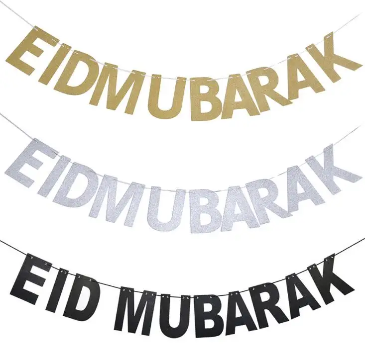 Gold Silver EID Banner Glitter Paper Garland EID Mubarak Party Muslim Festival Bunting Ramadan SN3703