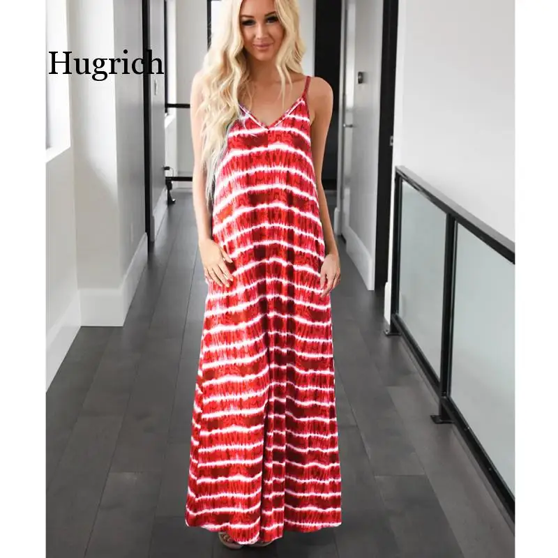 Women's New Summer Beach Holiday Dress V-Neck Mid Length Skirt Large Swing Loose Striped 2021 Causal Skirt