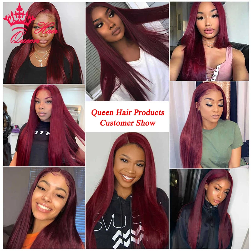 Queen Hair Products Brazilian Human Straight Hair Wine Red 99J Color Burgundy Human Hair 13x4 Ear To Ear Lace Frontal Closure