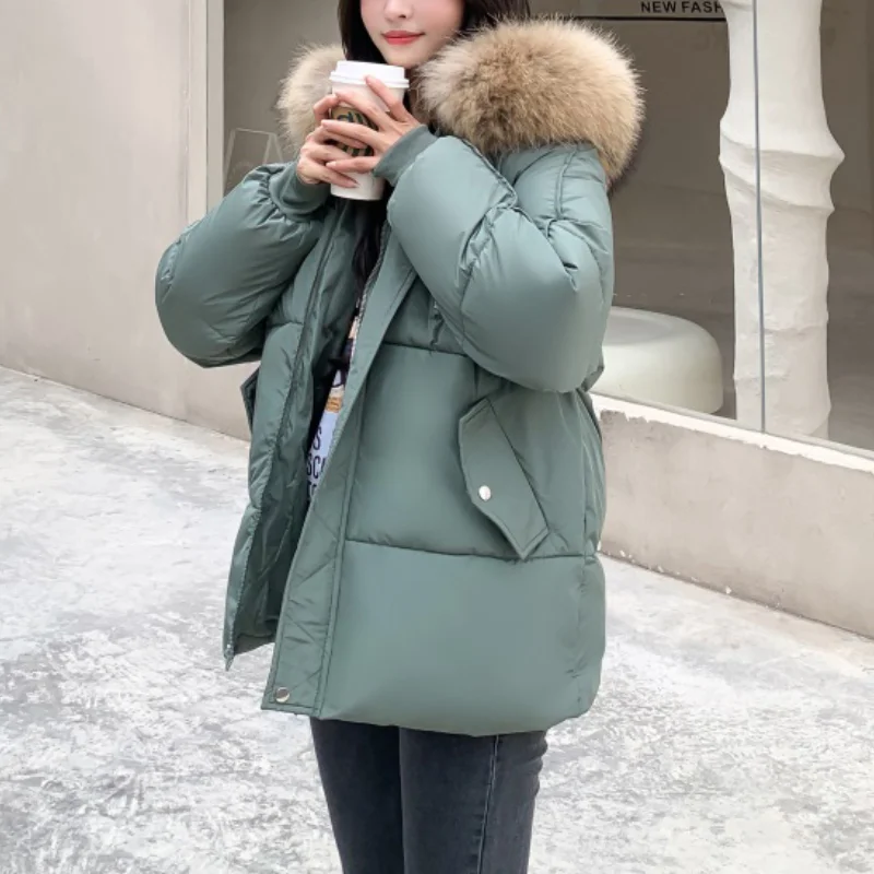 Winter Fur Hooded Jackets Women Casual Solid Thick Down Parkas Outwear Coat Female Loose Korean Designer Warm Overcoat 2021