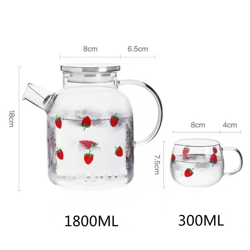 1.8L 1L Japanese style Cute Strawberry Tea pots Glass Jug for cold and hot Drinks Home Office Drinkware Tea Cup Teapot set