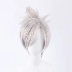 LOL Riven the Blade of Exile Wig Cosplay Costume Short Silver White Synthetic Hair Wigs with Chip Ponytail + Wig Cap