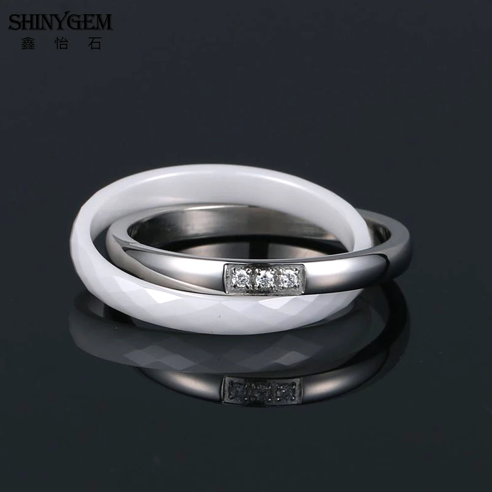 ShinyGem Fashion Stainless Steel Double Cross Ceramic Ring Black/White Micro Inlay Zircon Unique Pottery Rings For Women Wedding