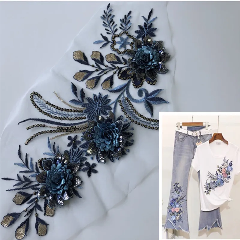 1Ps 3d Blue Patch Sequin Flower Embroidery Applique Mesh Fabric Sew Clothing Wedding Dress Jean Accessroy Diy Crafts Lace Patch