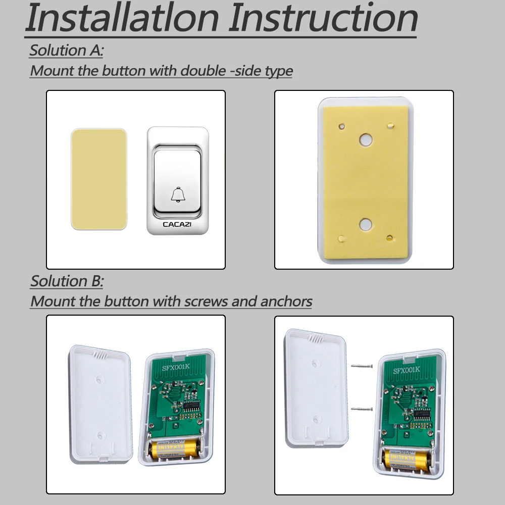 CACAZI Wireless Doorbell DC battery-operated Waterproof Smart Home Cordless Doorbell Chime 200M Remote 23A12V Battery Button