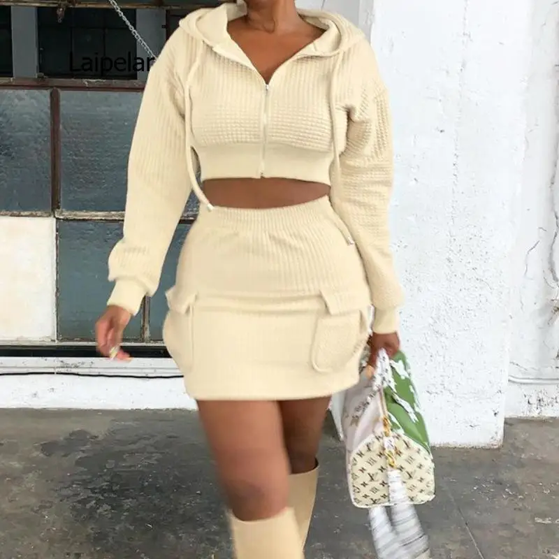 

Hugrich Zip Up Hoody And Mini Skirt Matching Sets For Women Long Sleeve Pocket Casual Loungewear Winter Warm Two Piece Outfits