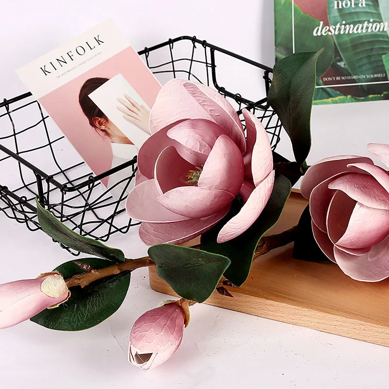 95cm Long Pole 4 PU Magnolia Flower Artificial Flower for Home Wedding Hotel Restaurant Office Decoration Flower Fake Plants DIY