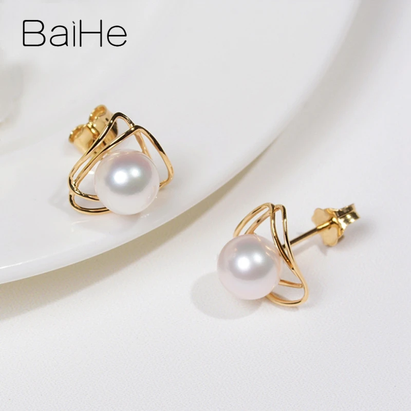 BAIHE Solid 14K Yellow/Rose/White Gold Natural Freshwater Pearls Earrings Women Fine Jewelry Triangle Stud Earrings Engagement