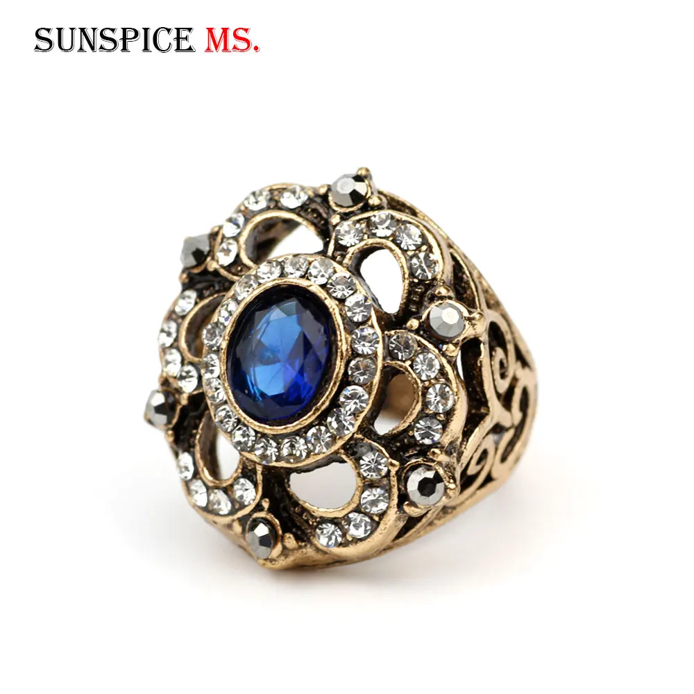 Retro Vintage Gray Crystal Ring Female Ethnic Party Jewelry Turkish Antique Gold Color Elegant Banquet Flower Ring
