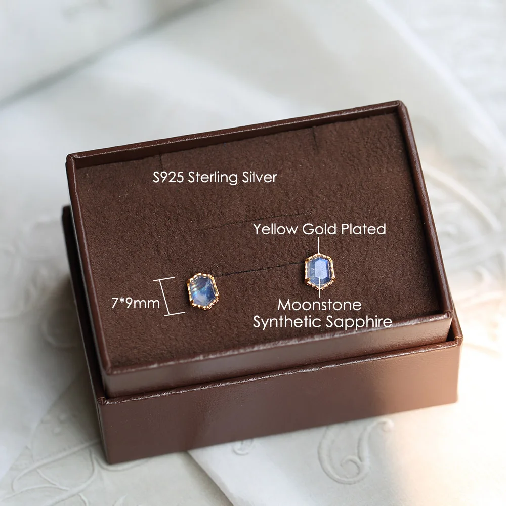 LAMOON 925 Silver Vintage Moonstone Earring For Women Mysterious Lake Blue Synthetic Sapphire 14K Gold Plated Jewelry LMEI138