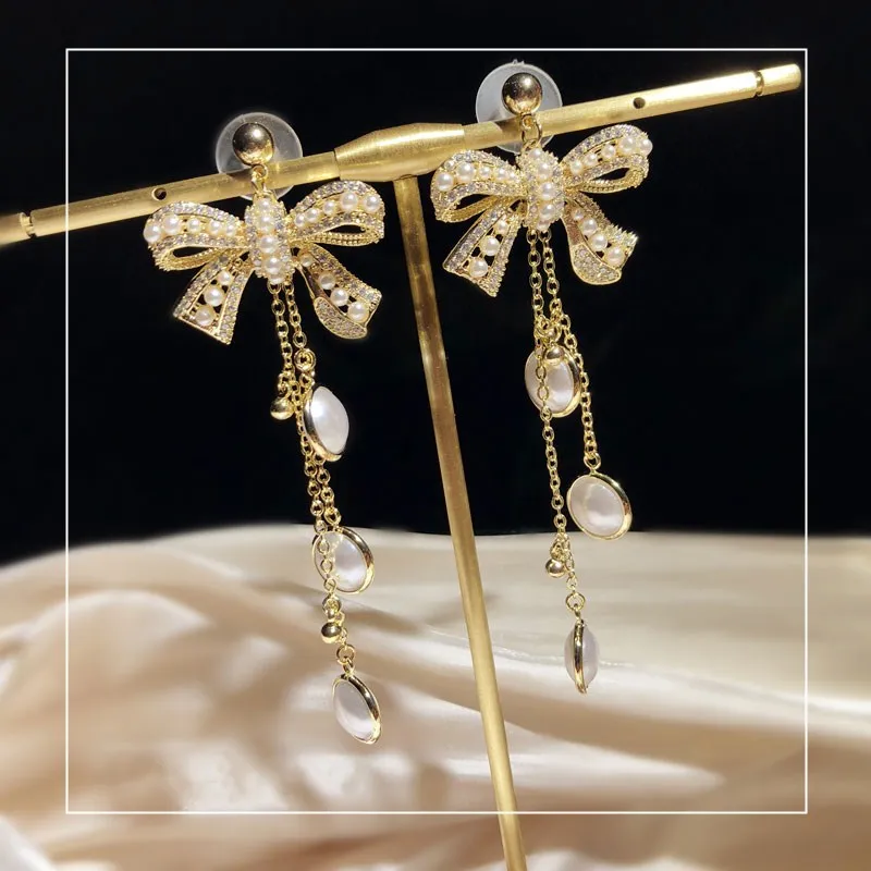 

S925 Drop Earrings For Women Vintage Baroque Imitation Pearls Cubic Zirconia Bowknot Fine Jewelry Long Tassels Earring