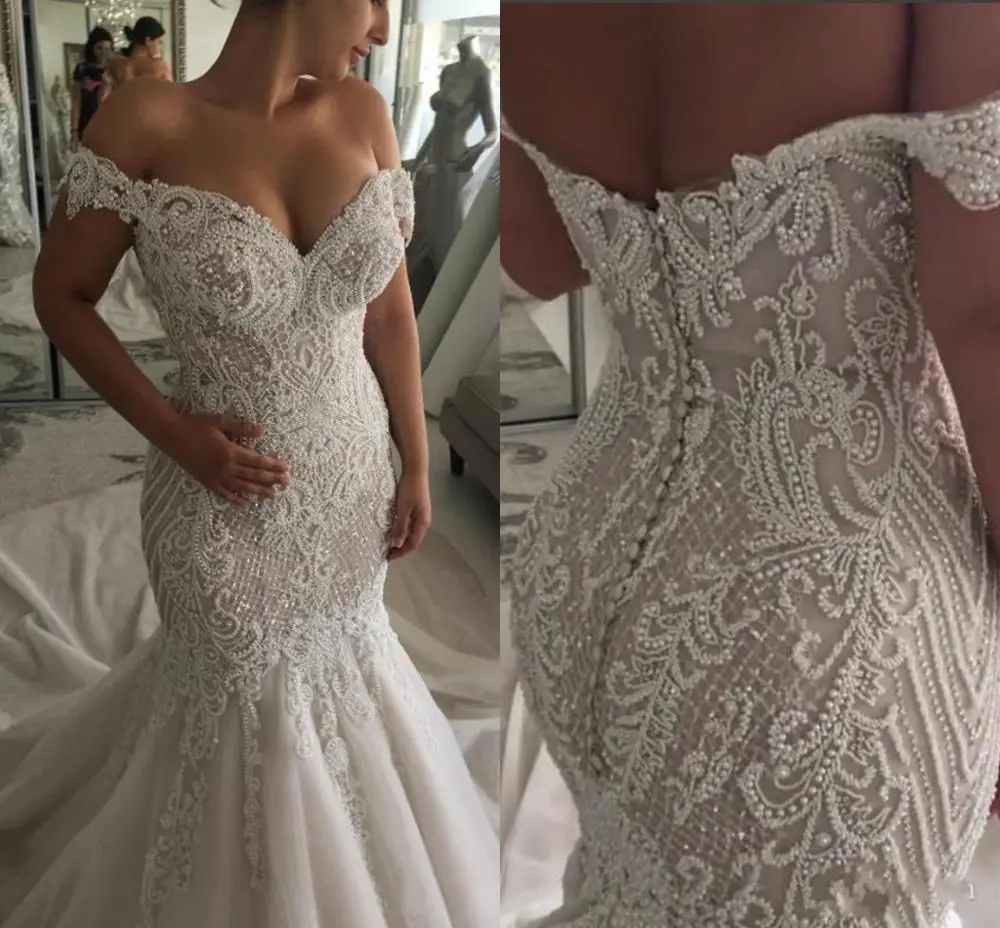 

Роскошные сексуальные кружевные свадебные платья с юбкой-годе с открытыми плечами и жемчужными бусинами и шлейфом из Дубая
