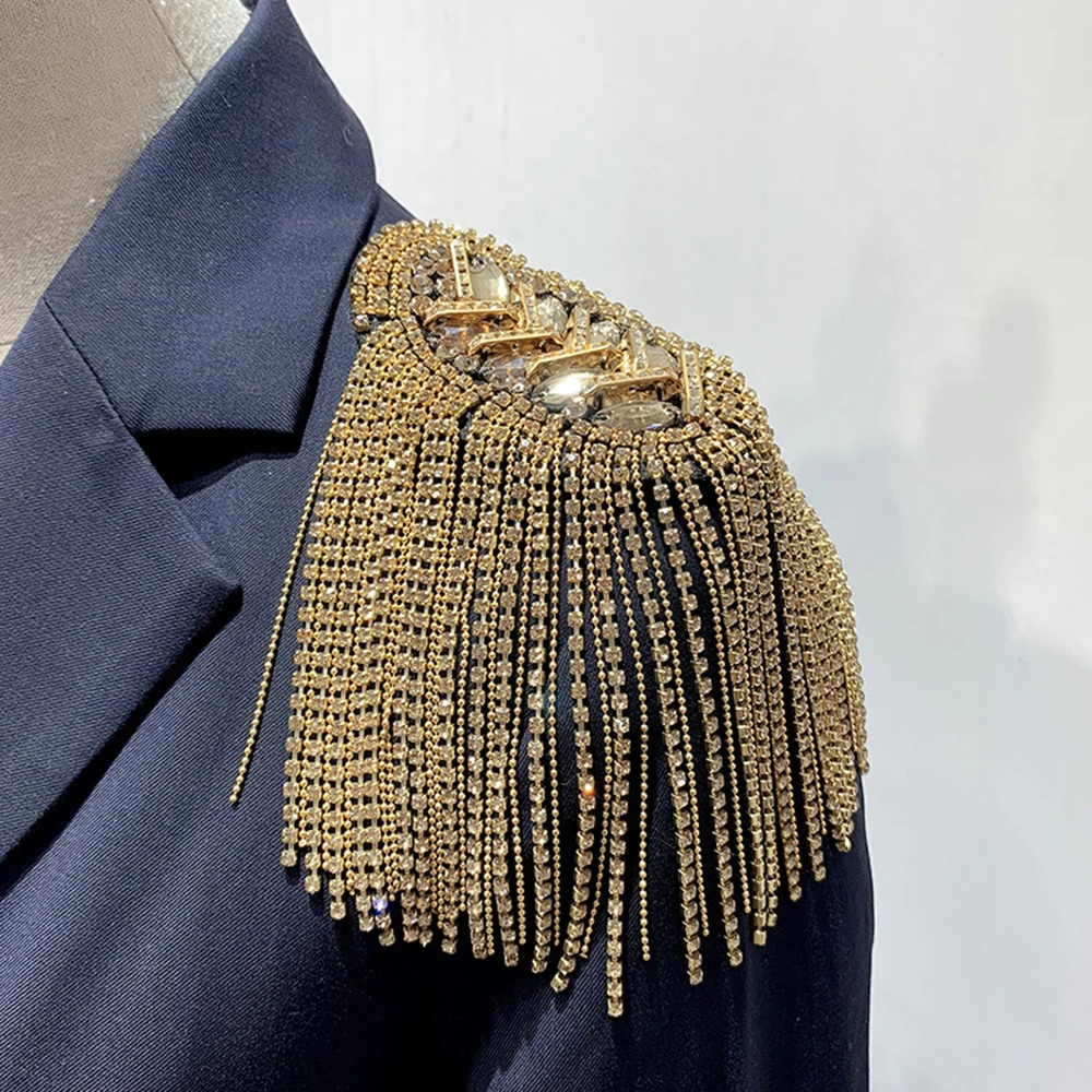 Shoulder Jewelry Tassel Rhinestones Epaulettes DIY T Shirt Clothing Accessories Gold Silver Brooch Epaulet Shoulder Brooches 1PC