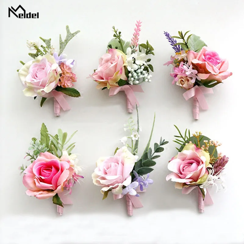 Meldel Kunstmatige Bloem Bruidsjonkers Corsage Pins Bloemen Bruiloft Corsage Voor Prom Roze Rose Bruidegom Boutonniere Mannen Bruiloft Bloemen