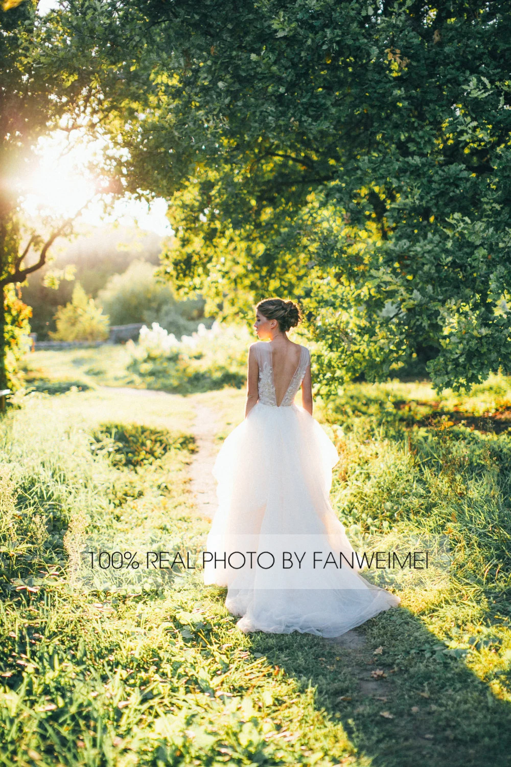 Illusion Tulle Wedding Dress Backless Bateau Bridal Gown Appliqued Lace A Line Fluffy Bohemian Beach Rustic Photography #817