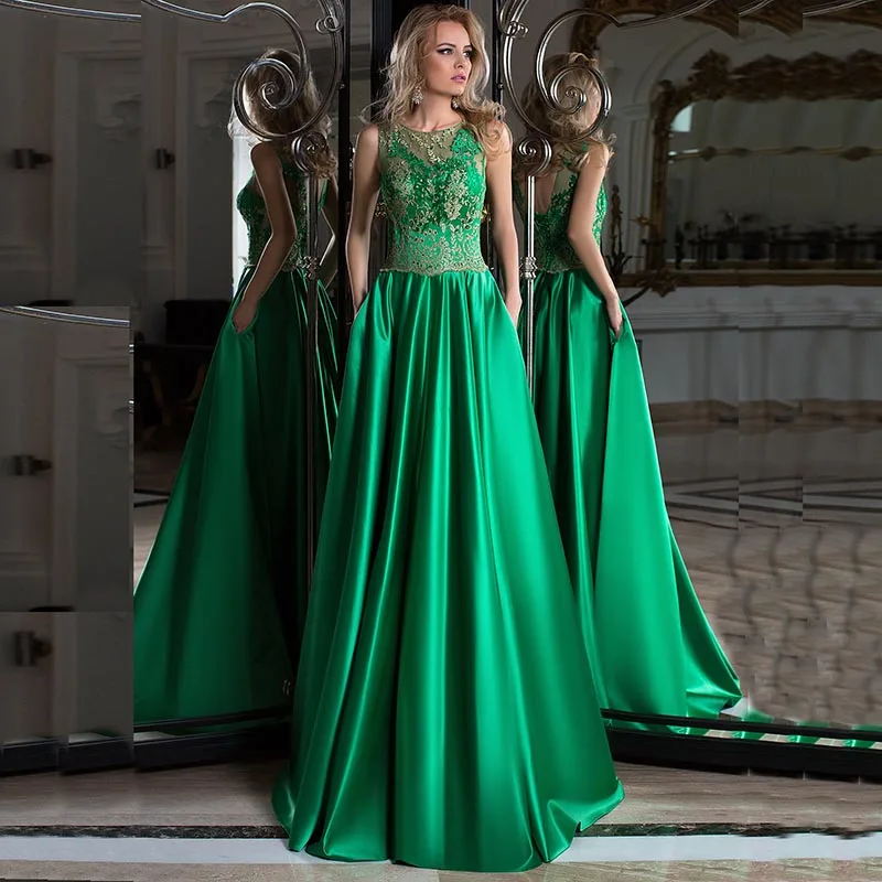 2022 Green Corset Back Evening Dresses Long A Line Top Lace Beads O Neck Satin Prom Party Gown Arabic Robe De Soiree