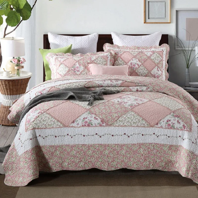 

CHAUSUB Cotton Quilt Set Patchwork Comforter 3PCS Bedspread on the Bed Double Blanket for Bed Queen Size Quilted Floral Coverlet