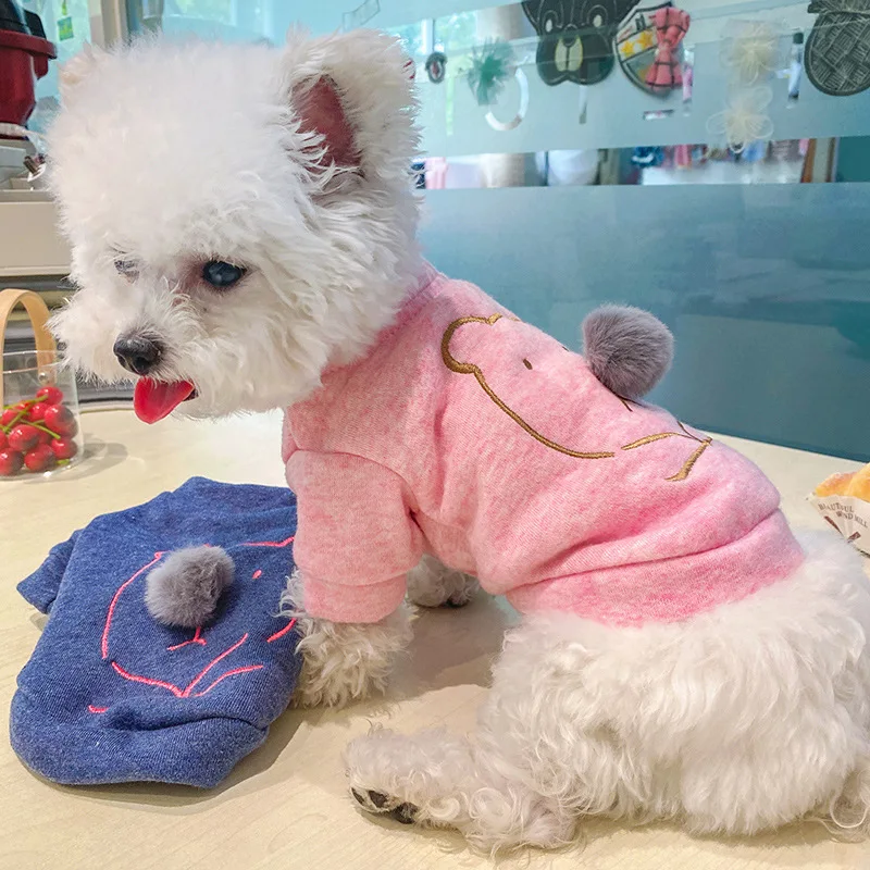 Pet Clothes Warm Fur Ball Nose Bear Patten Round Neck Shirt Fleece Dog Cat Costume Hoodie Clothes Autumn and Winter