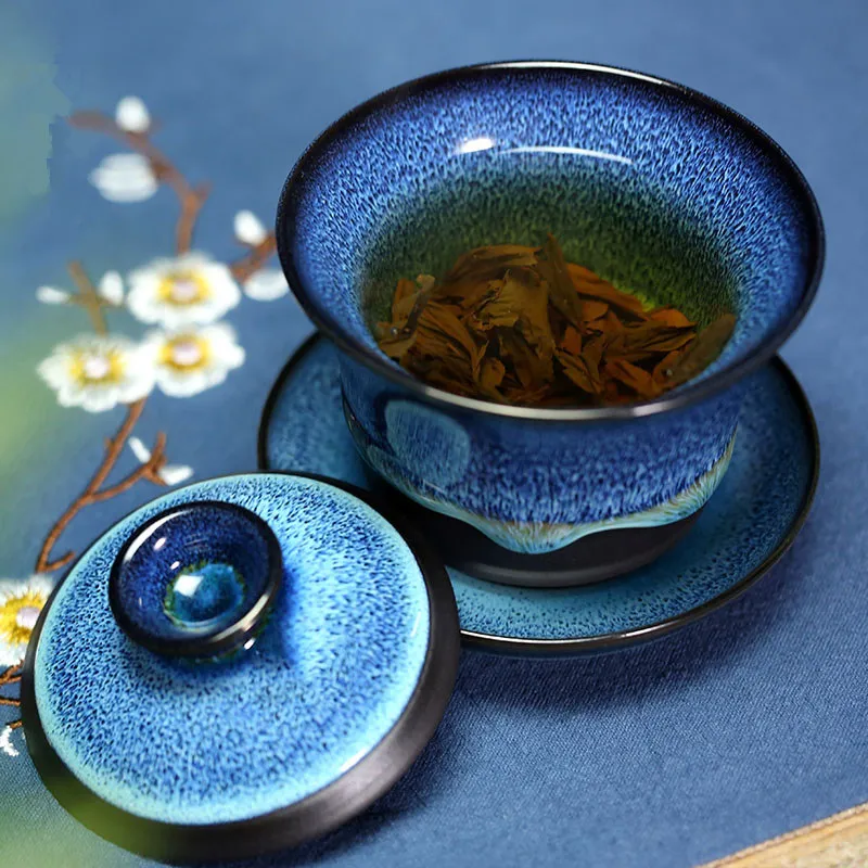 

bigger gaiwan kiln change unique tureen Chinese porcelain cup bowl with saucer lid blue zisha purple clay glaze covered bowls