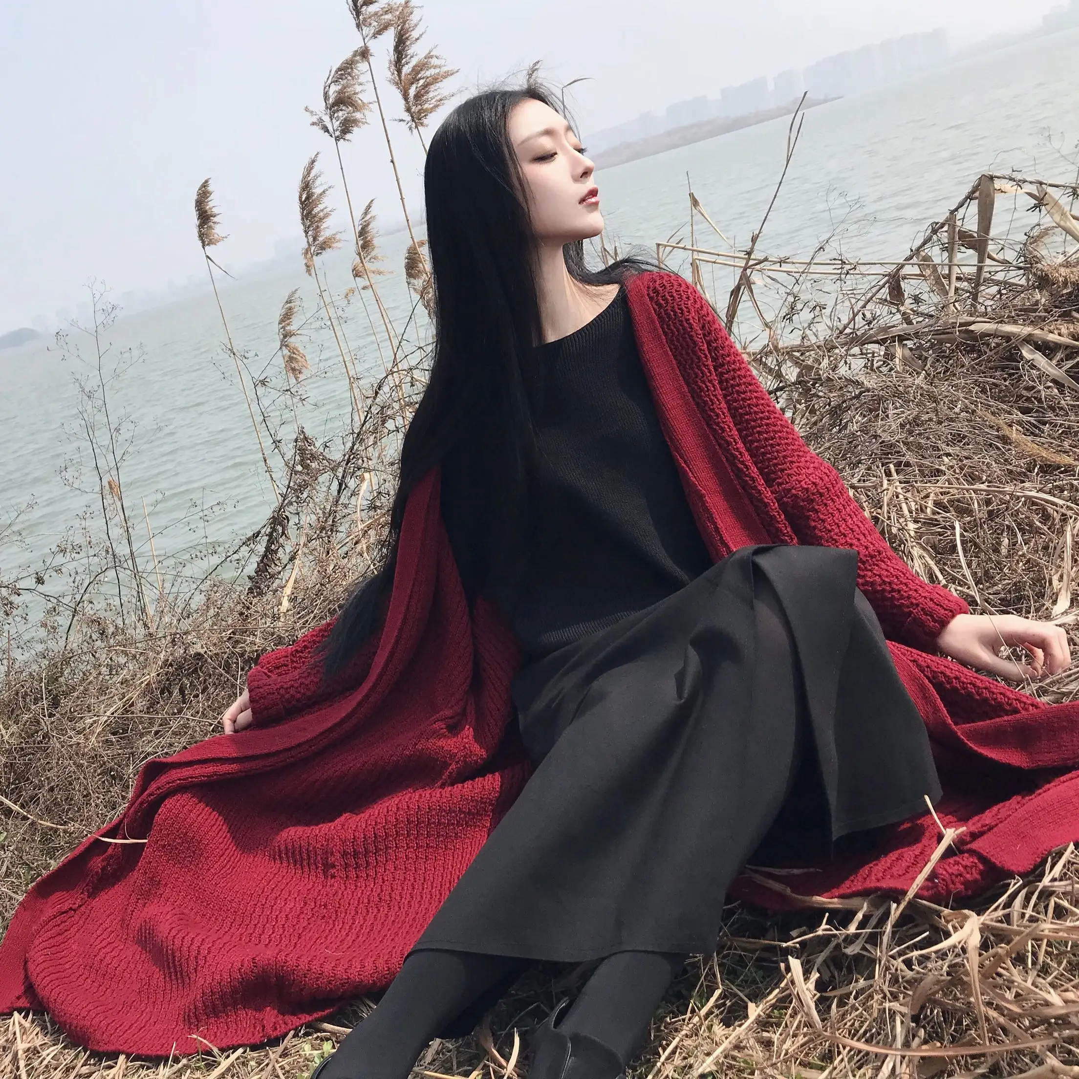 ZAYAU-Chinese Style Knitted Cardigan for Women, Medium Length, Autumn and Winter Sweater, Broad Xianqi, Wine Red Temperament