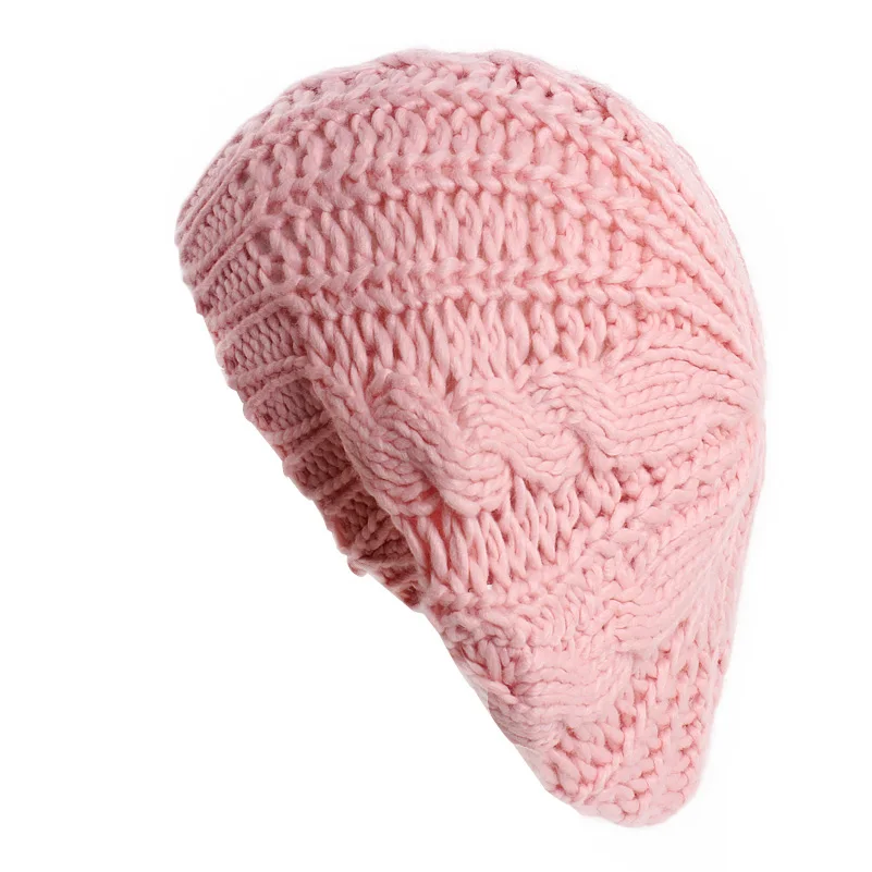 Boina de punto de Cable para mujer, gorro informal trenzado, holgado, de lana, cálido, Color sólido