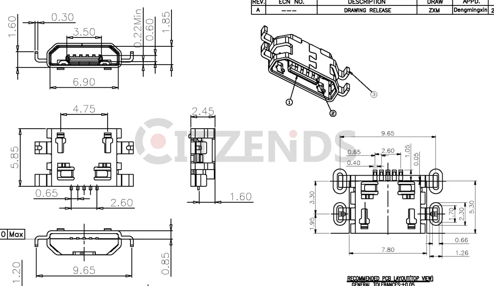 Micro conector usb, 5pin, placa pesada, 1.6mm, boca plana sem curling lado, para o telefone móvel, 50pcs