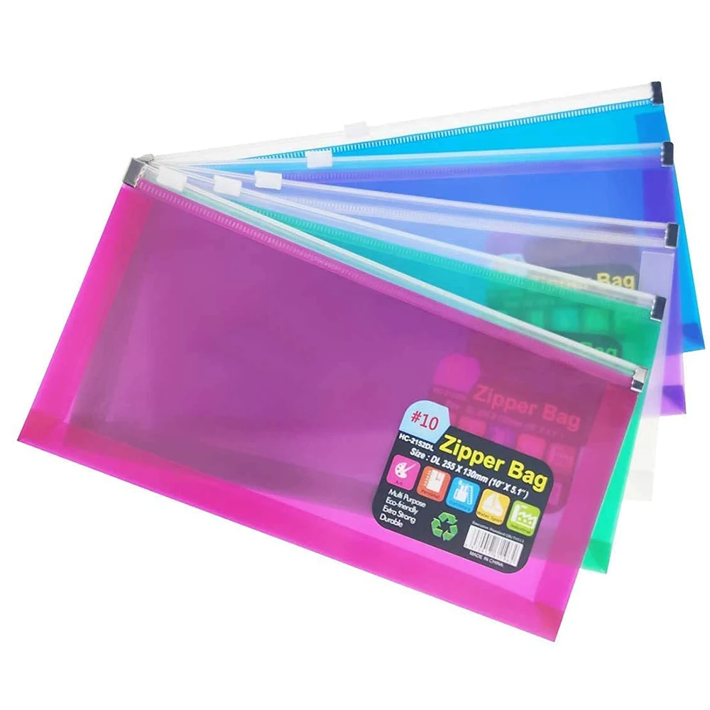 10Pcs/Set 5 x 10 Inches Assorted Colors Clear Poly Zipper Plastic Envelopes Folder for Money Receipts Coupons Bills