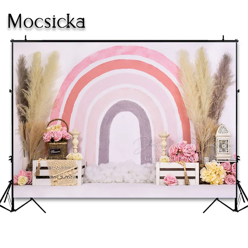 Mocsicka Boho Rainbow Photography Backdrop for Girl Birthday Bohemia Theme Portraits Background Cake Smash Photo Studio Props