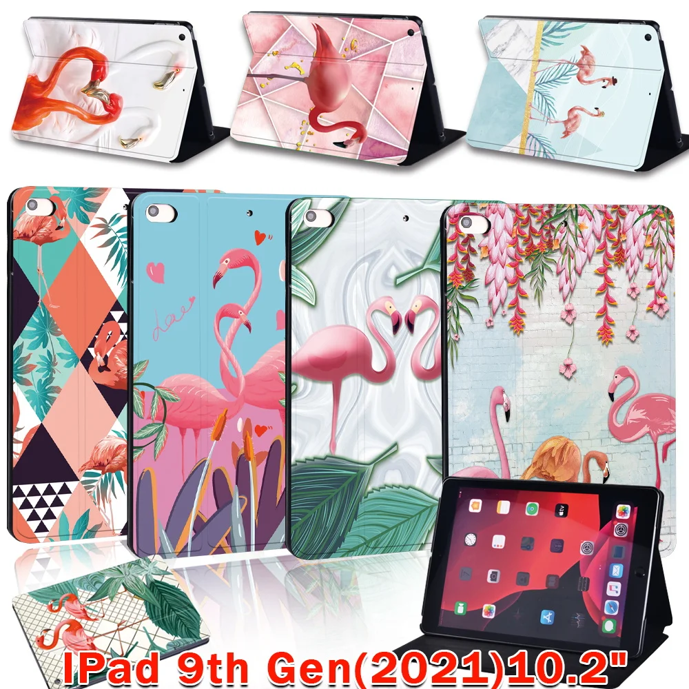 

Case for IPad 9th Generation 10.2 inch 2021 Leather Cover for Ipad 9 Flamingo Print Pattern Tablet Folding Stand Cover Case