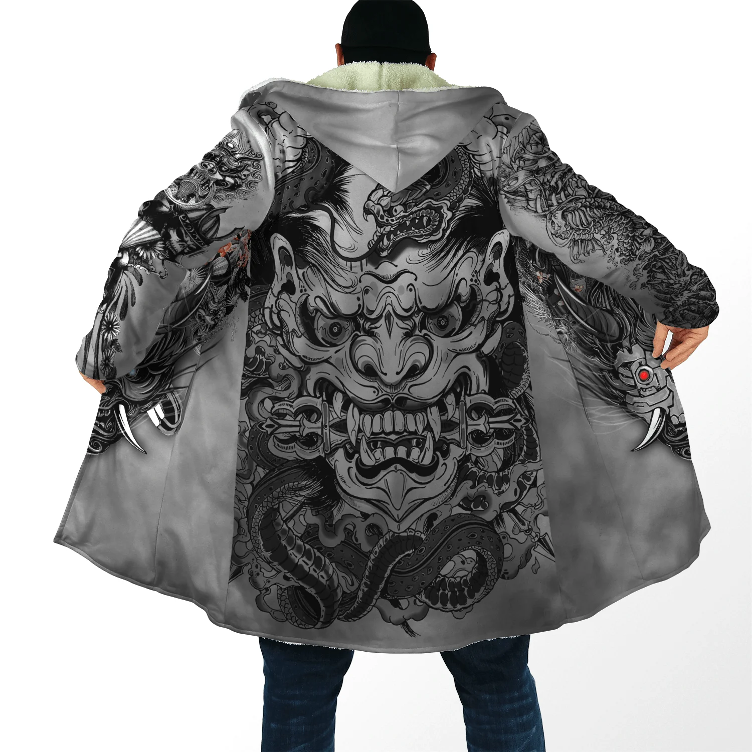 Capa de moda de invierno para hombre, capa con capucha de lana gruesa con estampado 3D de tatuaje de samurái, Geisha y León, capa cálida informal Unisex DP07