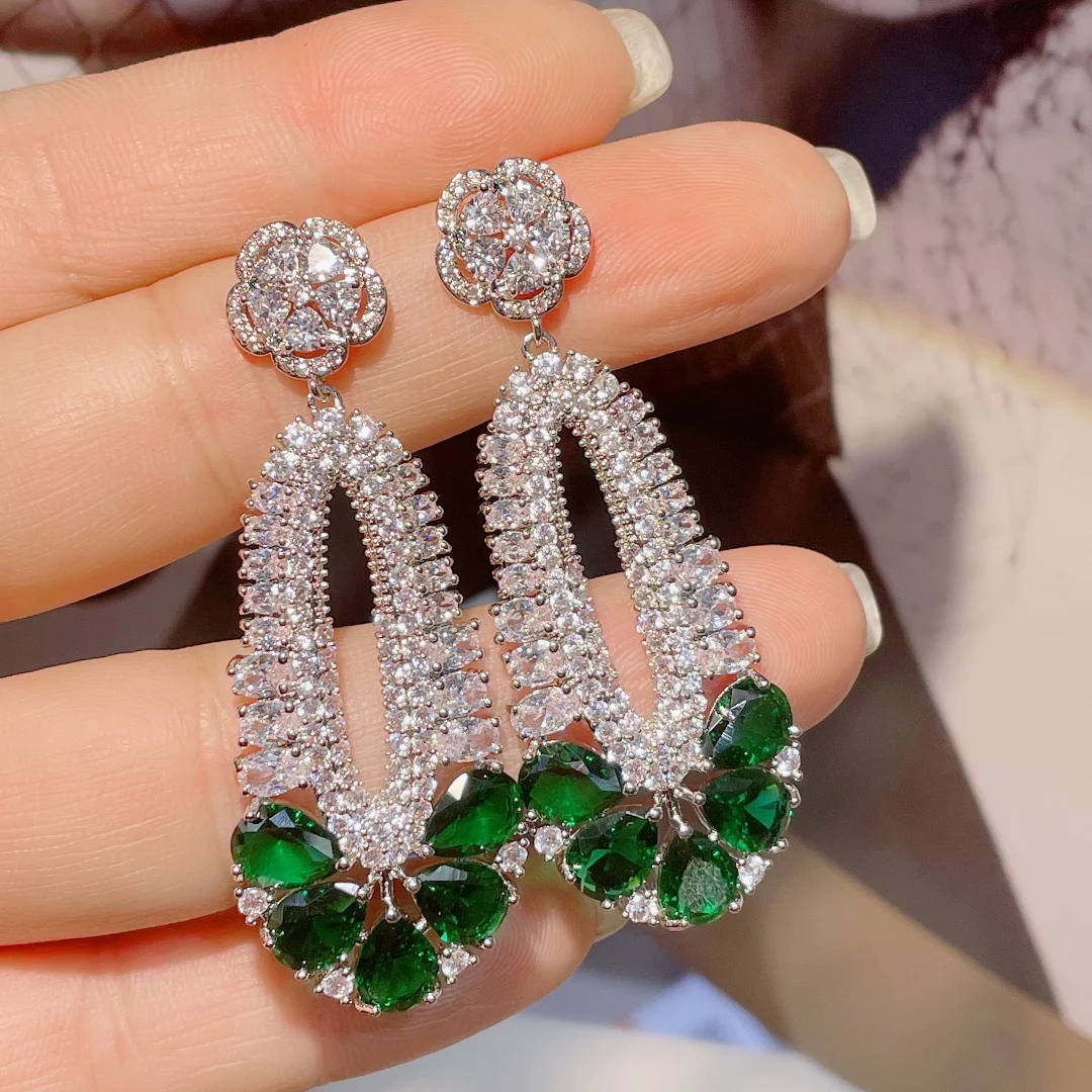

HIBRIDE New Trendy Green Water Drop Long Crystal Dangle Earrings for Women Fancy Zirconia Party Wedding Dress Jewelry E-1037