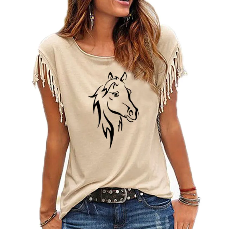 New Besikom Women T-shirt Printing Horse Short Sleeve O-neck Funny Tops Streetwear Tshirt Women Cotton Tassel Casual T-Shirt