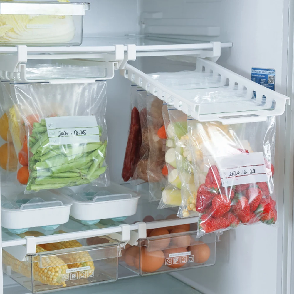 Refrigerator Ziplock Bag Hanging Storage Rack Telescopic Storage Clip Slide Rail Tray For Food Fresh Bag Organizer