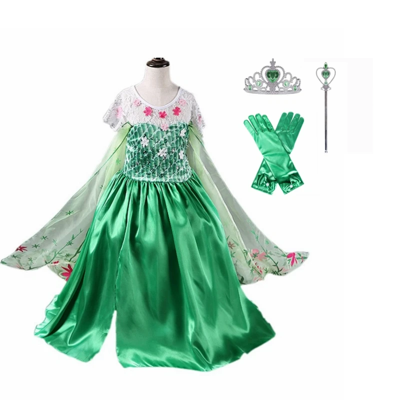 Princess Party Green Dress Girl Elsa Disfraz Costume Birthday Dress Kids 3 4 5 6 7 8 9 10 Years