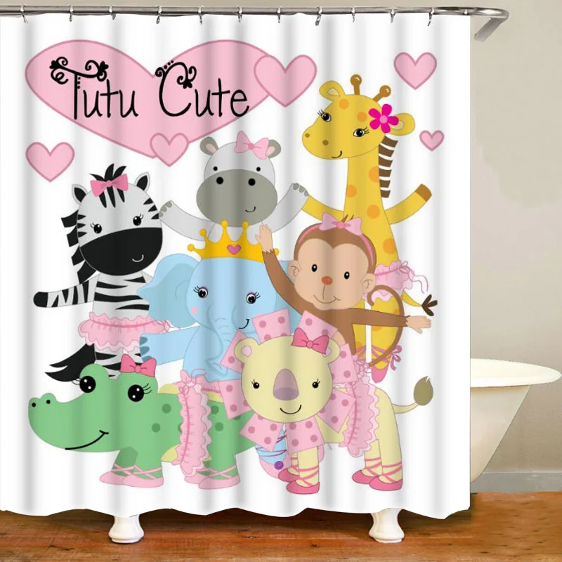 Pink Tutu Cute Animals Shower Curtain for Kids Giraffe Hippo Zebra Zoo Animals Ballerinas Bathroom Curtain Bath Mats Rugs Decor