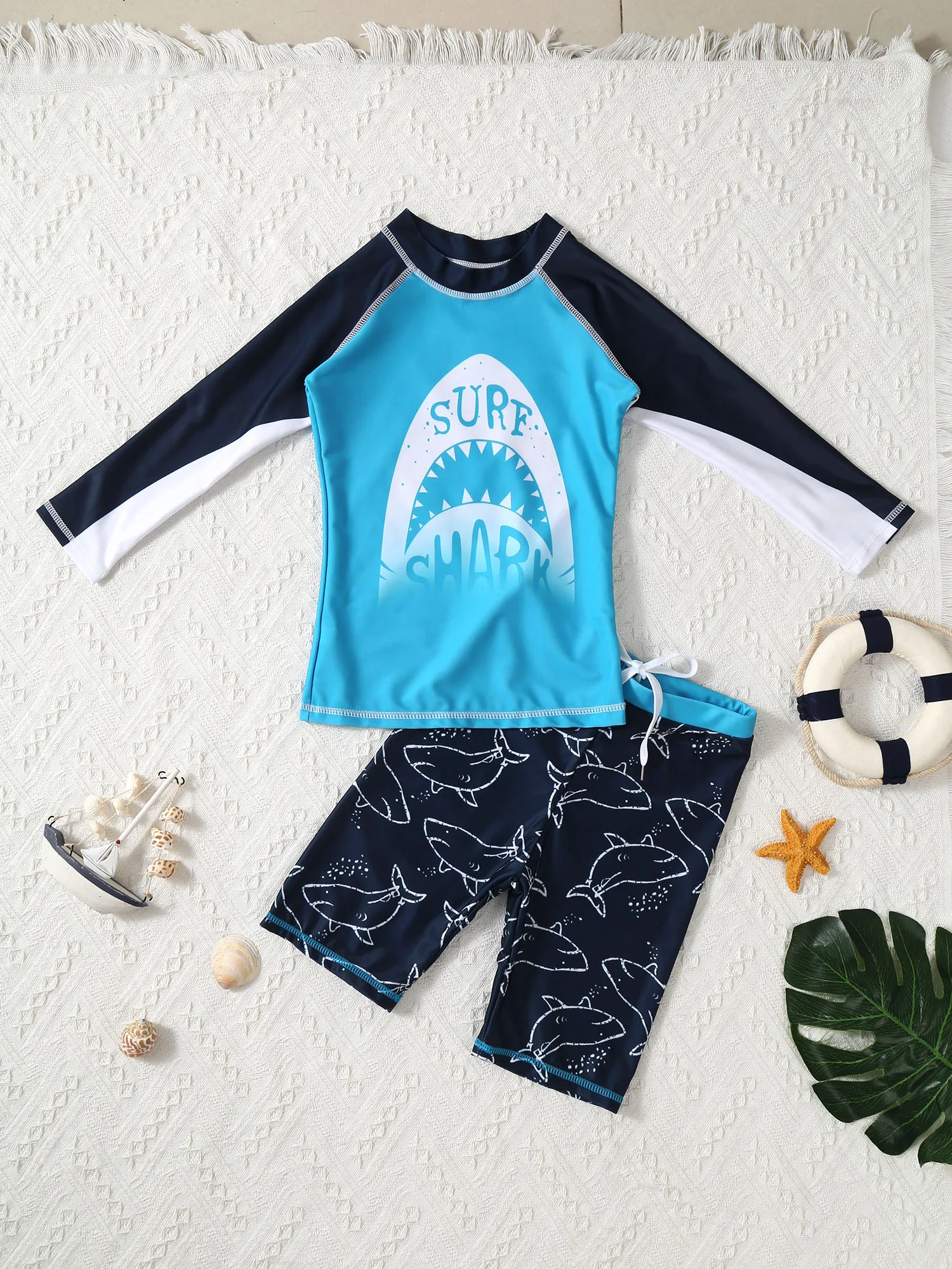 Dzieci chłopcy strój kąpielowy stroje kąpielowe Rashguard długie rękawy pływać T-Shirt topy szorty zestaw sportowy plaża pływanie kąpiel 2-10 lat