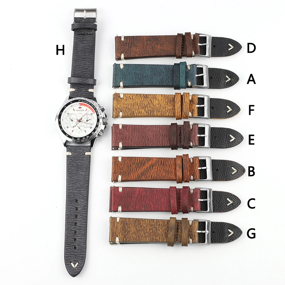 Vintage Genuine Leather Watchband 18mm 20mm 22mm 24mm Handmade Stitching Men Women Wrist Wristband Calfskin Strap Metal Buckle