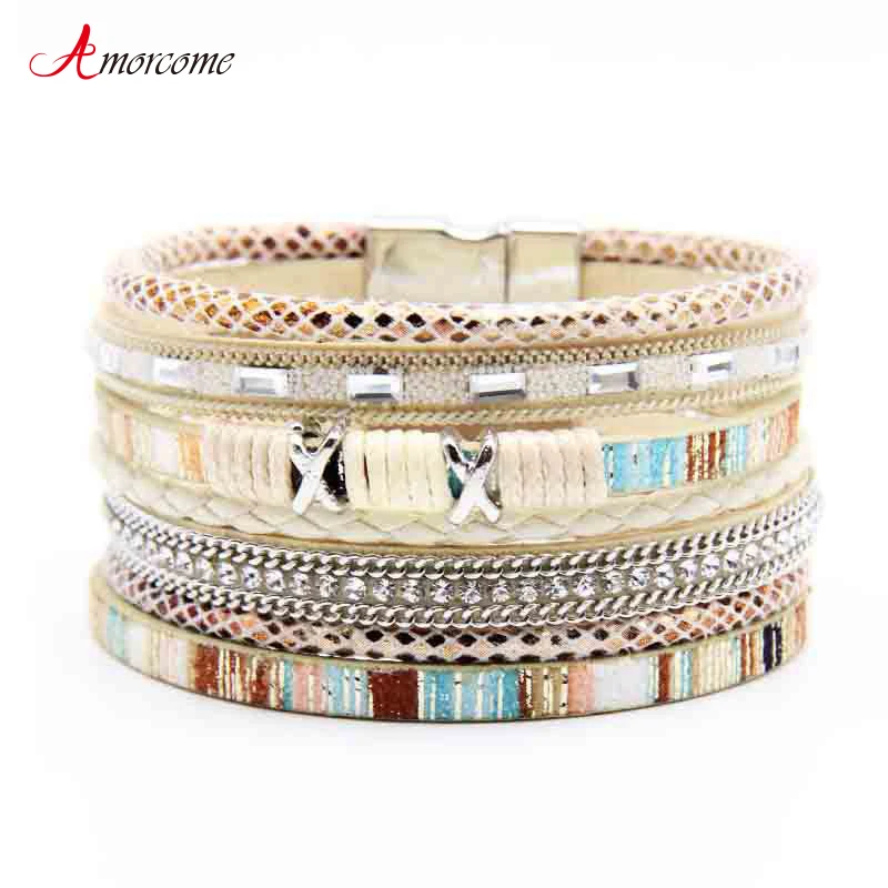 Amorcome Boho Wrap Bracelets for Women Men Braided Leather Rope Handmade Multi-Layer Cuff Bangle Jewelry Gifts Femme Wholesale