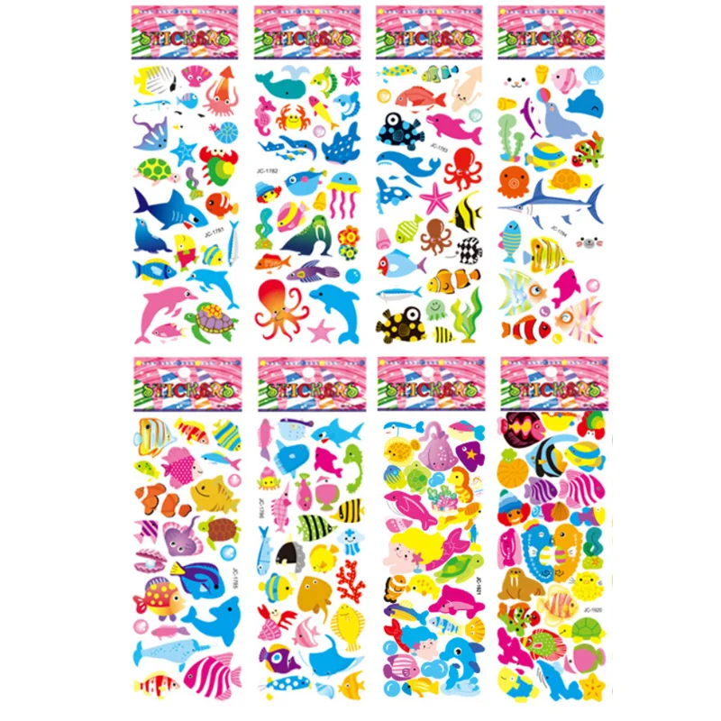 8 Sheets/Pack Marine Life Dolphin Fish Cartoon Sticker 3D Cute Bubble PVC Stickers for Kids Boy Girl Funny Learning Toys