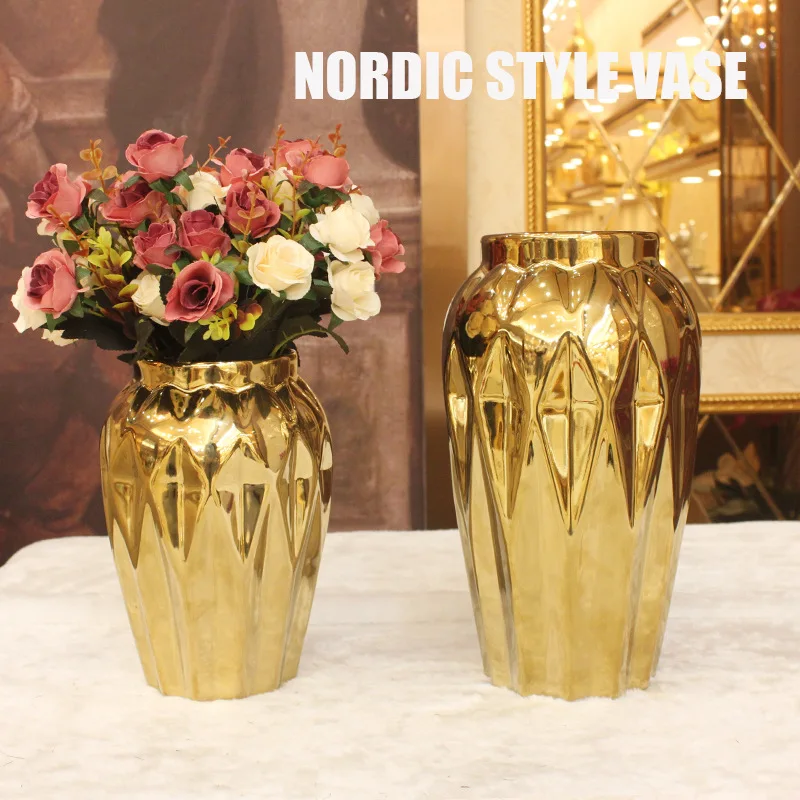 Rose gold modern ceramic vase dried flower flower arrangement Nordic creative countertop home decoration ornaments office decor