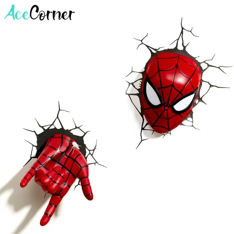 Acecorner Avengers Marvel Spider Man Face Hand Superhero 3D LED Wall Lamp Creative Sticker Night Light for Christmas Kids Gift