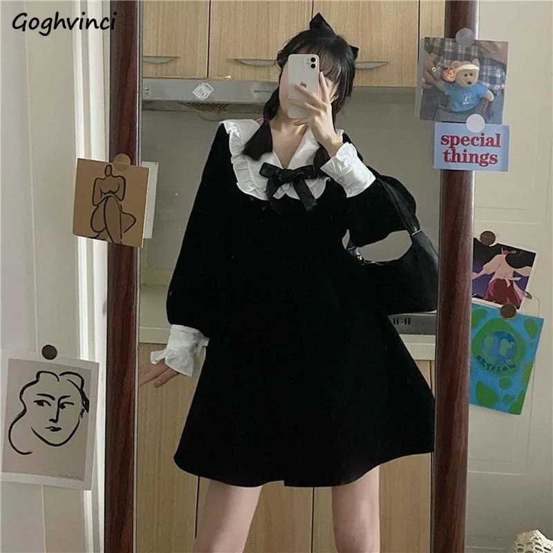 

Dress Women Butterfly-Sleeve Peter Pan Collar Black Mini Korean Preppy Sweet Style Cute Romantic Vintage Lolita Streetwear Daily