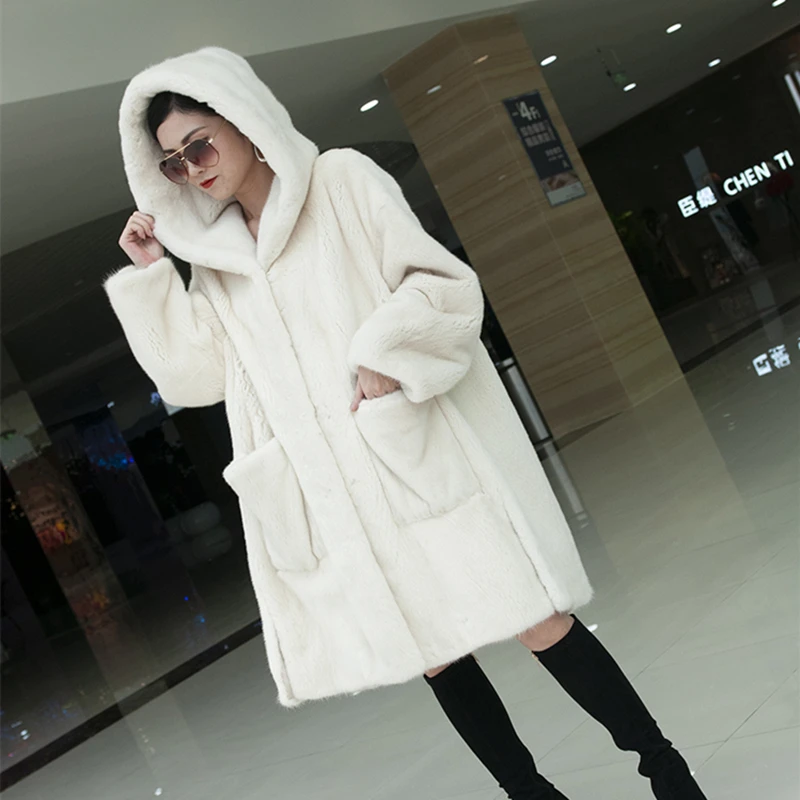 New Fashion Real Mink Whole Fur Women Coat X-Long Skirt  With Hood Natural Mink Fur Winter Thick Warm Female Mink Fur Jacket