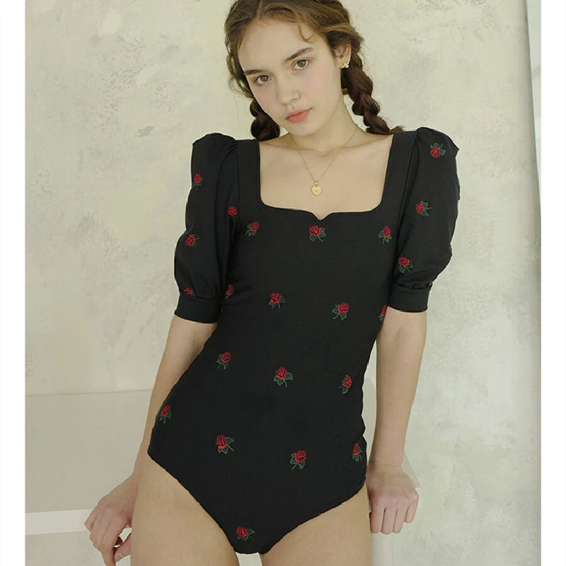 New Swimsuits For Women French Classical Romance Rose Floral One Piece Bikinis Puff Sleeve Young Ladies Hot Spring Swimwear