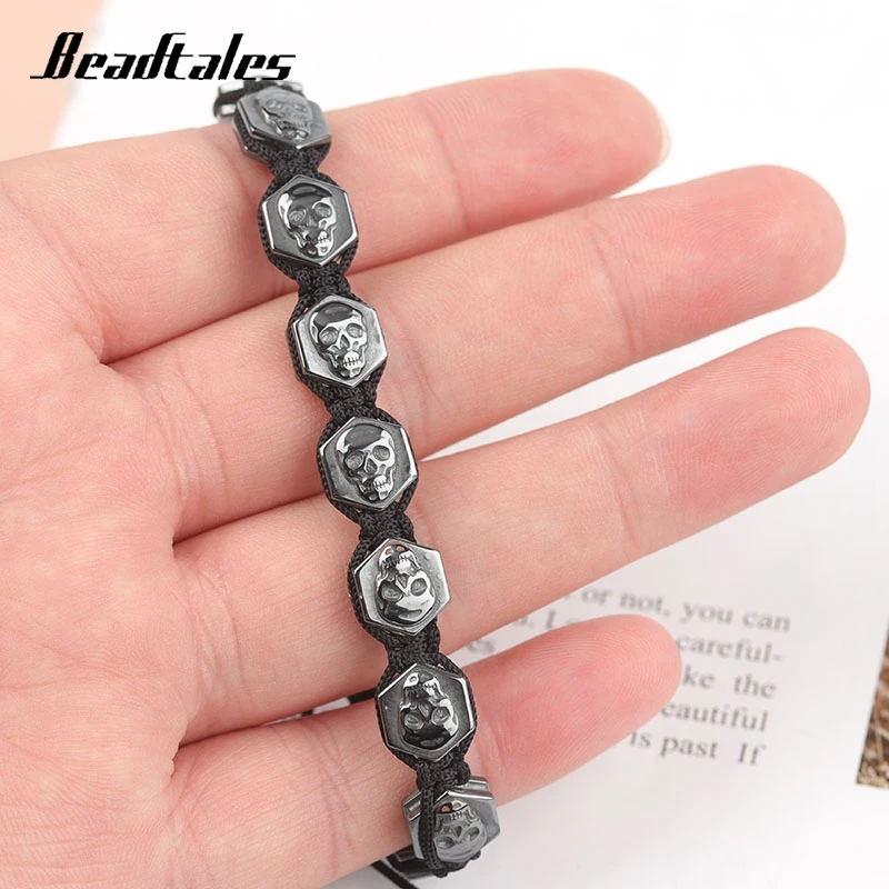 Beadtales 18-26cm Adjustable Hexagonal Skull Hematite Bracelet For Men Women Essential Oils Diffuser Natural stone Beads Chain