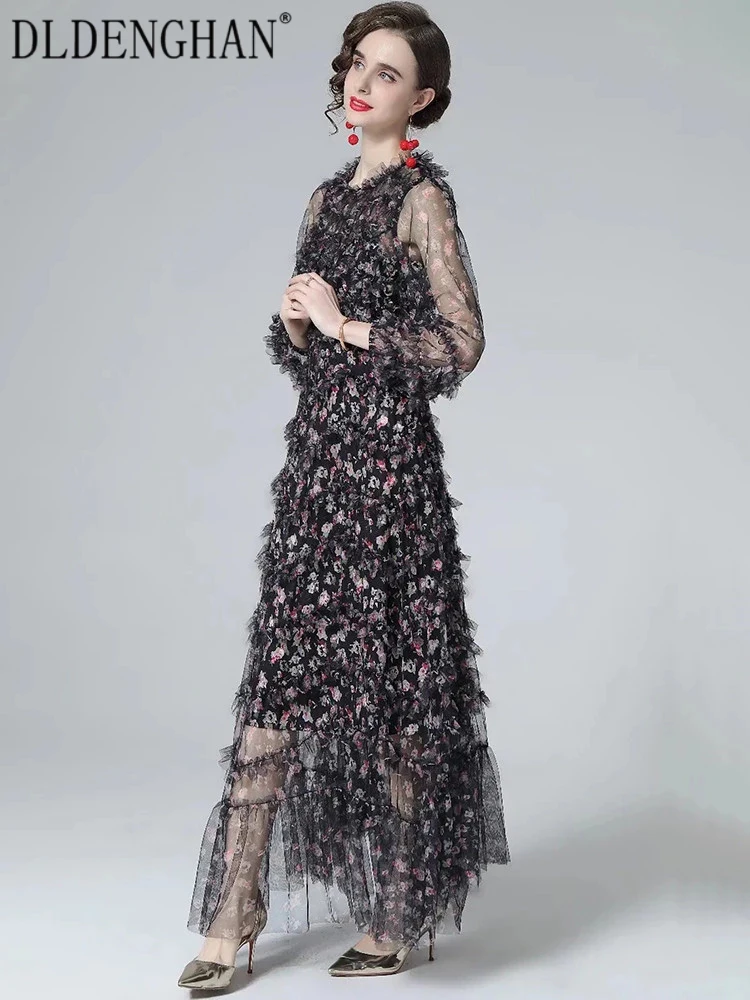 DLDENGHAN Fashion Designer Summer Mesh Maxi Dress Women O-Neck Lantern Sleeve Flower Print  Cascading Ruffle Bohemian Long Dress