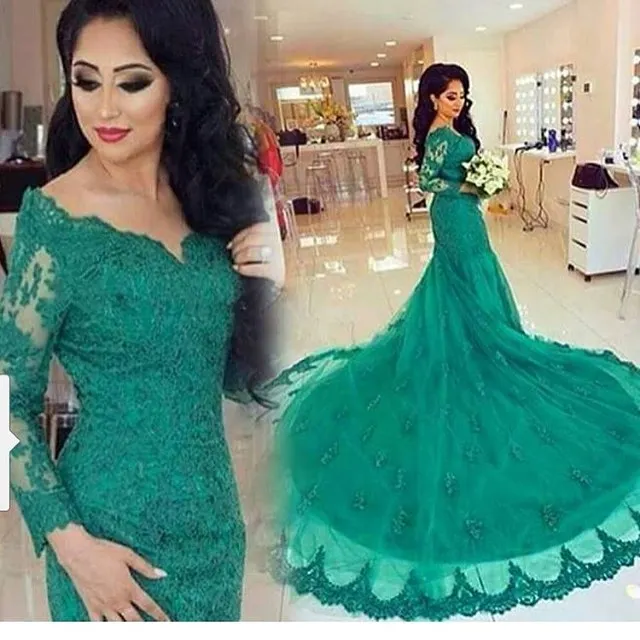 Turquoise Mermaid V-hals Lace Applique Lange Mouwen Kapel Train Dubai Arabisch فستان زفاف Avondjurk Bespoke Trouwjurken