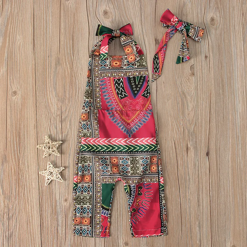 JEMMALEONG 2021 African Clothes Dashiki Floral Print Rompers Summer Jumpsuit Hair Band For Baby Girl African Dress For Kids