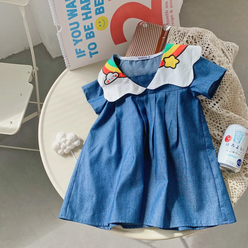 

Summer Cute Girl Dress Lapel Denim Cotton Soft Dress Rainbow