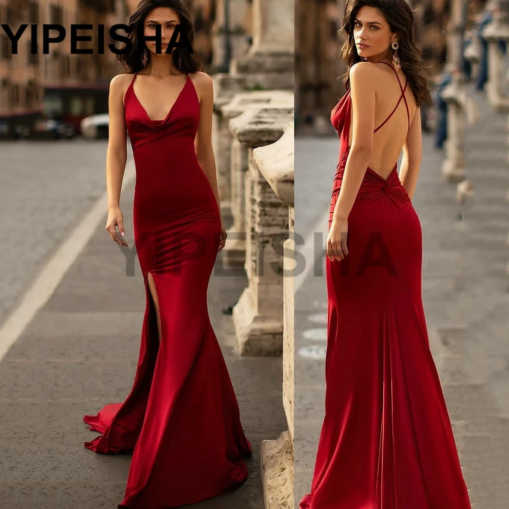 Vestido de fiesta Formal con tirantes finos y espalda descubierta, prenda sencilla de sirena con abertura lateral alto, con escote en V